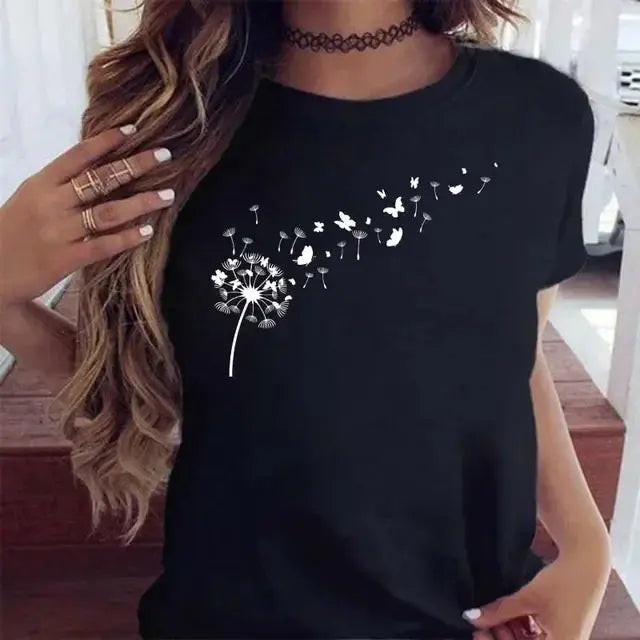 Women's Dandelion Pattern Top - New Round Neck Printed Style - Next Level