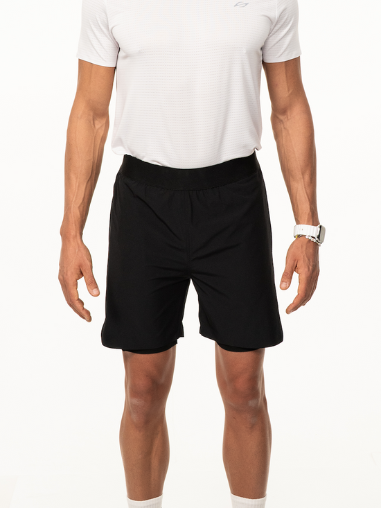 Schwarzes 2-in-1 Shorts von Next Level, vorderansicht, sportliches Design und bequemer Schnitt.