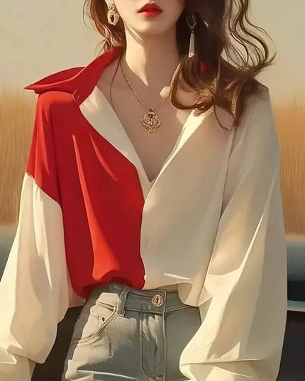 Red White Patchwork Shirts Long Sleeve - Trendy Contrast Design - Next Level