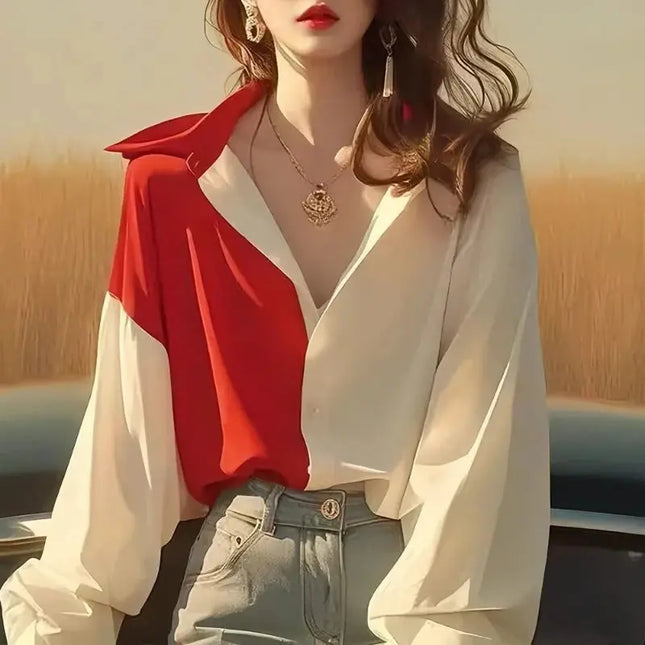 Red White Patchwork Shirts Long Sleeve - Trendy Contrast Design - Next Level