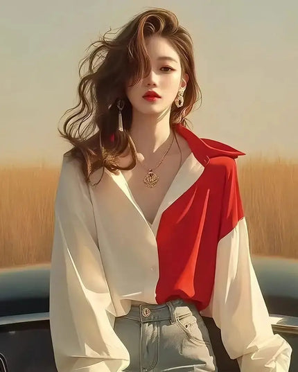 Red White Patchwork Shirts Long Sleeve - Trendy Contrast Design - Next Level