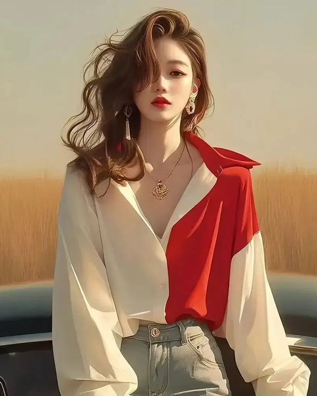 Red White Patchwork Shirts Long Sleeve - Trendy Contrast Design - Next Level