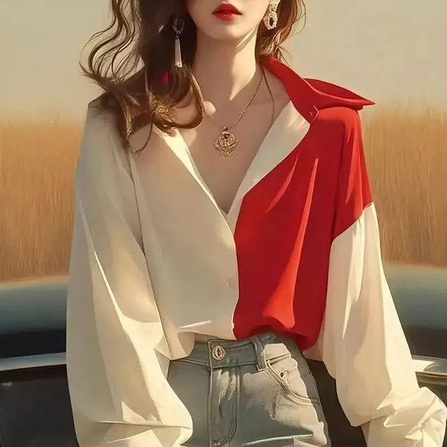 Red White Patchwork Shirts Long Sleeve - Trendy Contrast Design - Next Level