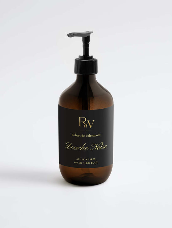 Duschgel Douche Noire von Robert de Valenmont, Pflegeprodukt, flüssige Textur, schwarze Verpackung, pflegt die Haut.