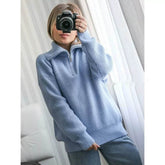 Damen Strickpullover Oversize Langarm Sweater mit Reißverschluss in Creme