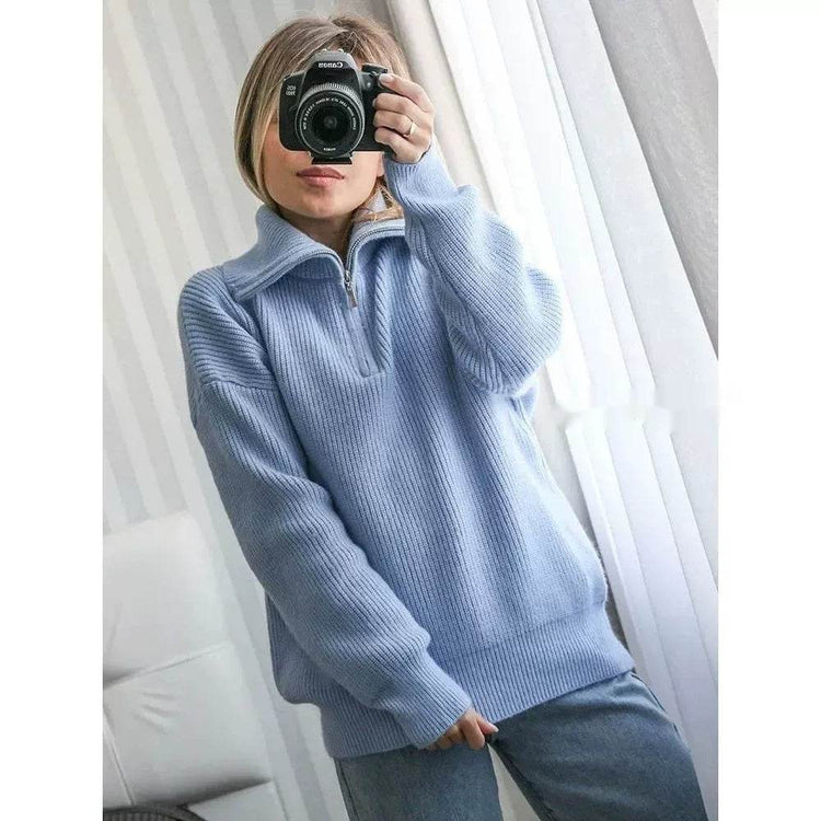 Damen Strickpullover Oversize Langarm Sweater mit Reißverschluss in Creme
