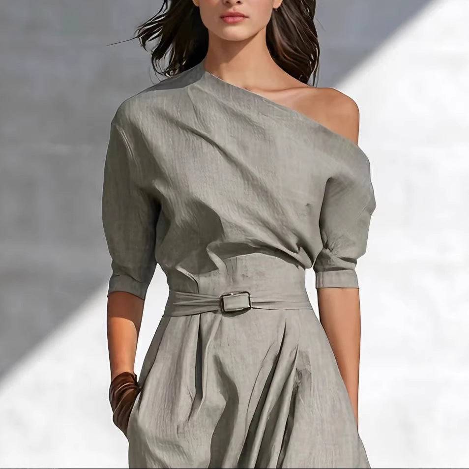 Elegantes Damen Maxikleid grau langarm mit asymmetrischem One-Shoulder Design