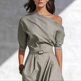 Elegantes Damen Maxikleid grau langarm mit asymmetrischem One-Shoulder Design