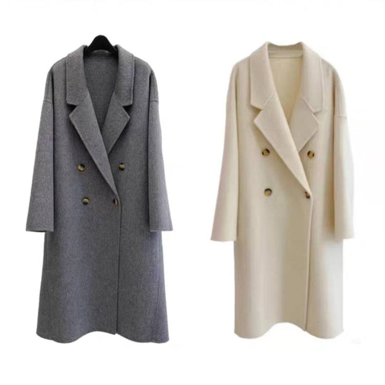 Eleganter handgenähter Doppelgesicht Wollmantel lang mit modernem Drop-Shoulder, erhältlich in 4 Farben