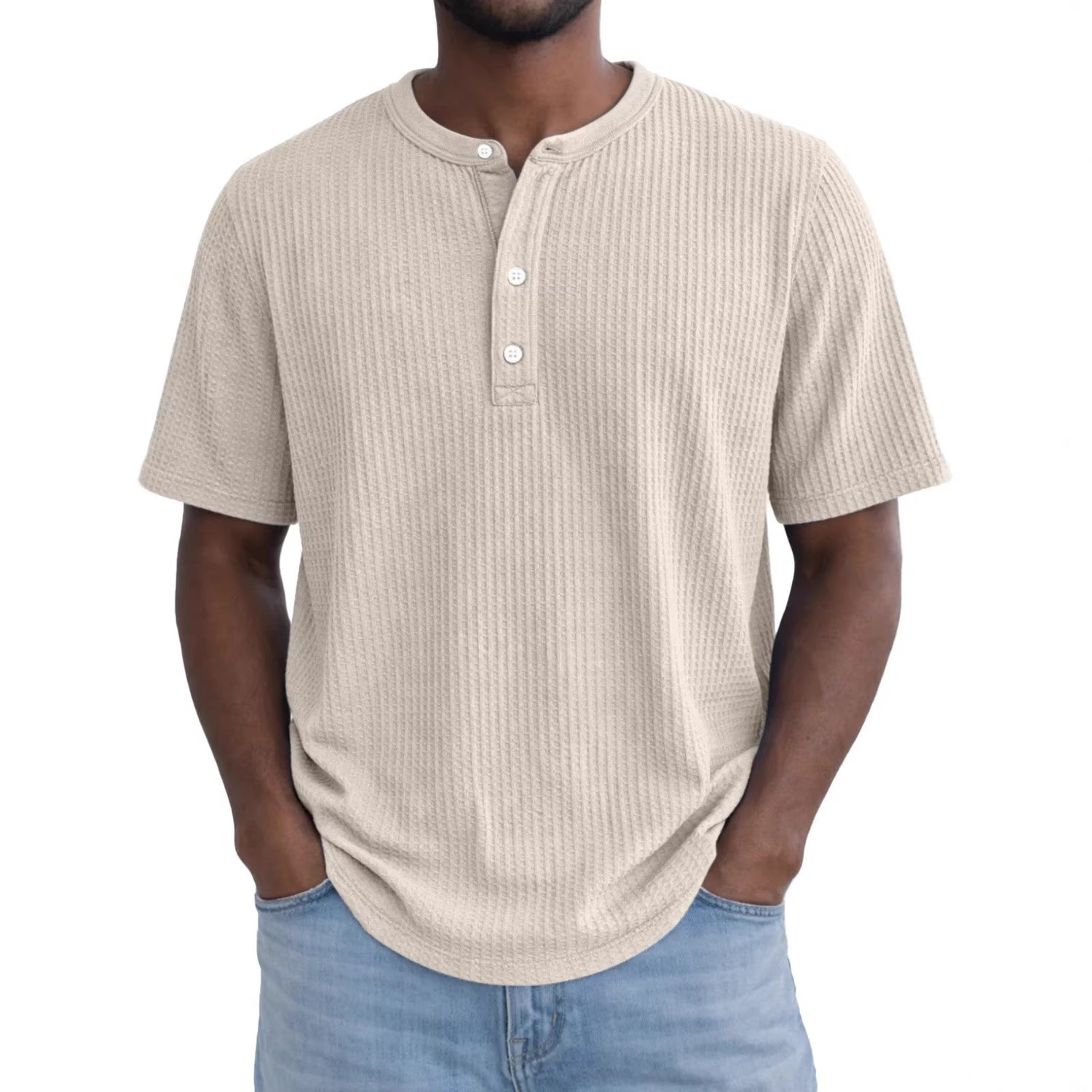 Short-Sleeve Waffle-Weave Henry Collar T-Shirt - Next Level