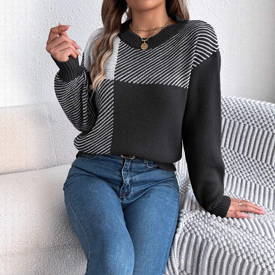 Karo-Pullover Damen mit Color-Block-Design und Kunstfell, langärmlig, trendige Streetwear für Damen
