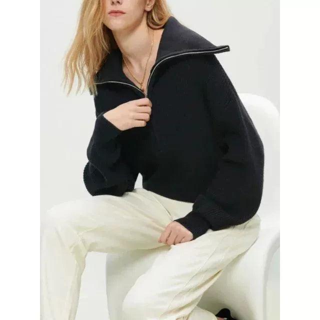 Damen Strickpullover oversize creme mit Reißverschluss und Rippstrick-Design für kühle Tage