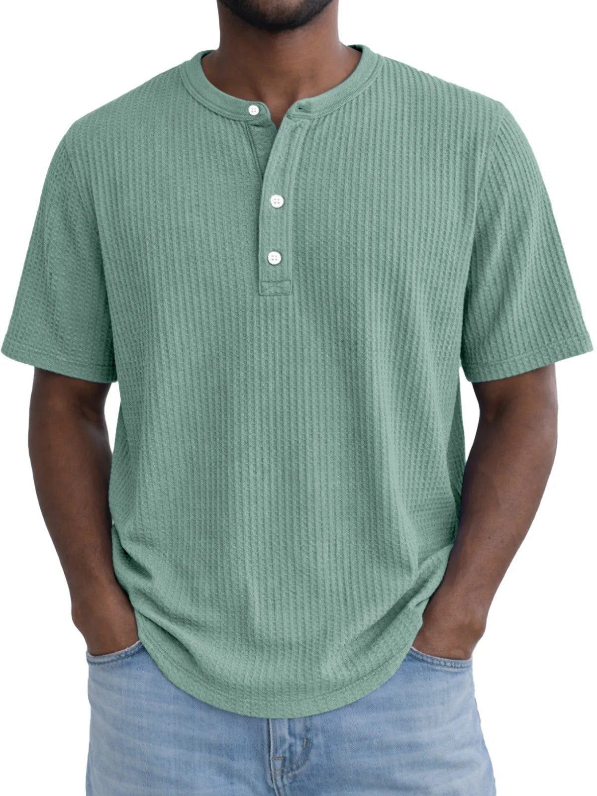 Short-Sleeve Waffle-Weave Henry Collar T-Shirt - Next Level