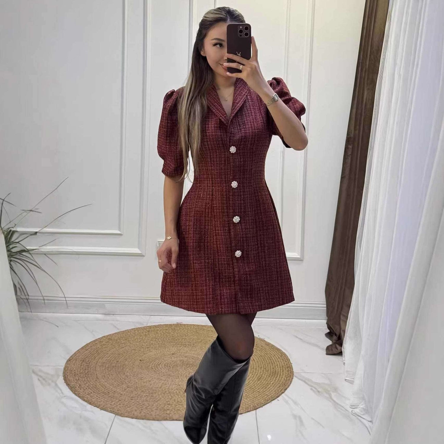 Damen Business Kleid Tweed High Waist - Elegantes Mini Kleid mit Blazer-Kragen Next Level