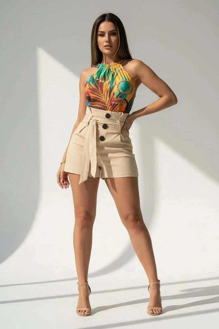 Damen High Waist Shorts Y2K - Sommer Shorts mit Knopfleiste und Gürtel Next Level
