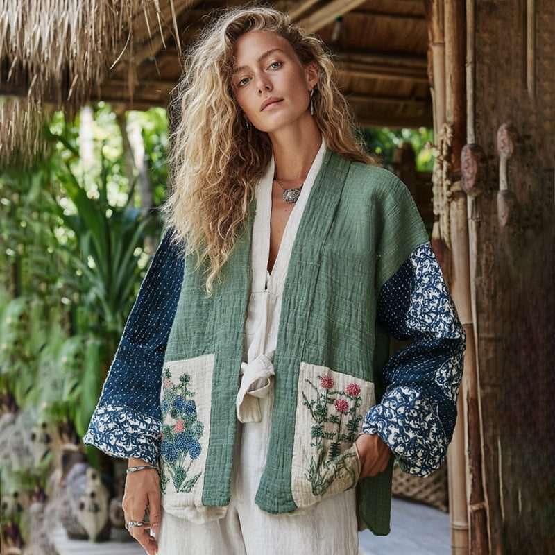 Damen Leinen Hemd Kurzarm ohne Knöpfe - Ethno Print Shawl Bluse 9 Designs Next Level