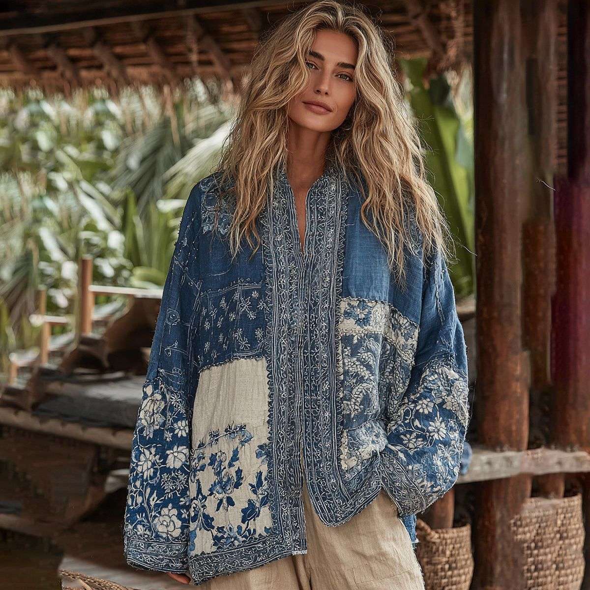 Damen Leinen Hemd Kurzarm ohne Knöpfe - Ethno Print Shawl Bluse 9 Designs Next Level