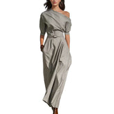 Damen Maxikleid Langarm Grau - Asymmetrisches One-Shoulder Kleid Lang Next Level