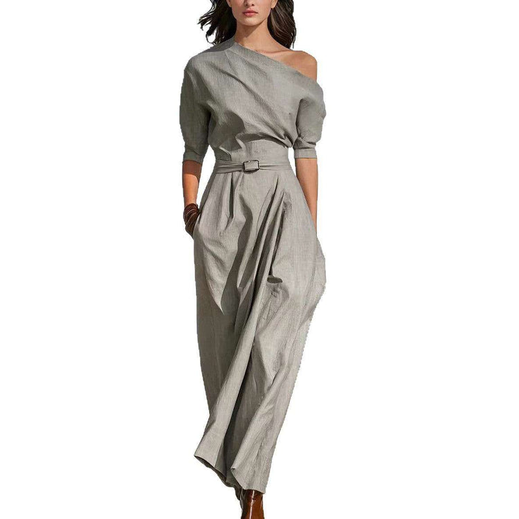 Damen Maxikleid Langarm Grau - Asymmetrisches One-Shoulder Kleid Lang Next Level