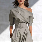Damen Maxikleid Langarm Grau - Asymmetrisches One-Shoulder Kleid Lang Next Level