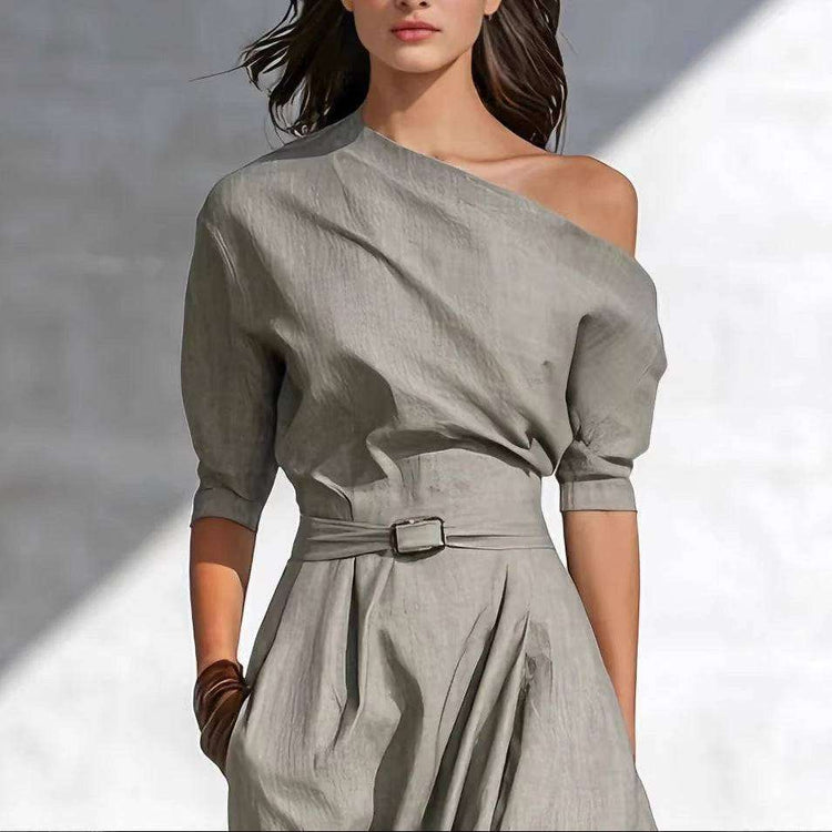 Damen Maxikleid Langarm Grau - Asymmetrisches One-Shoulder Kleid Lang Next Level