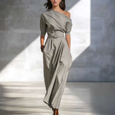Damen Maxikleid Langarm Grau - Asymmetrisches One-Shoulder Kleid Lang Next Level