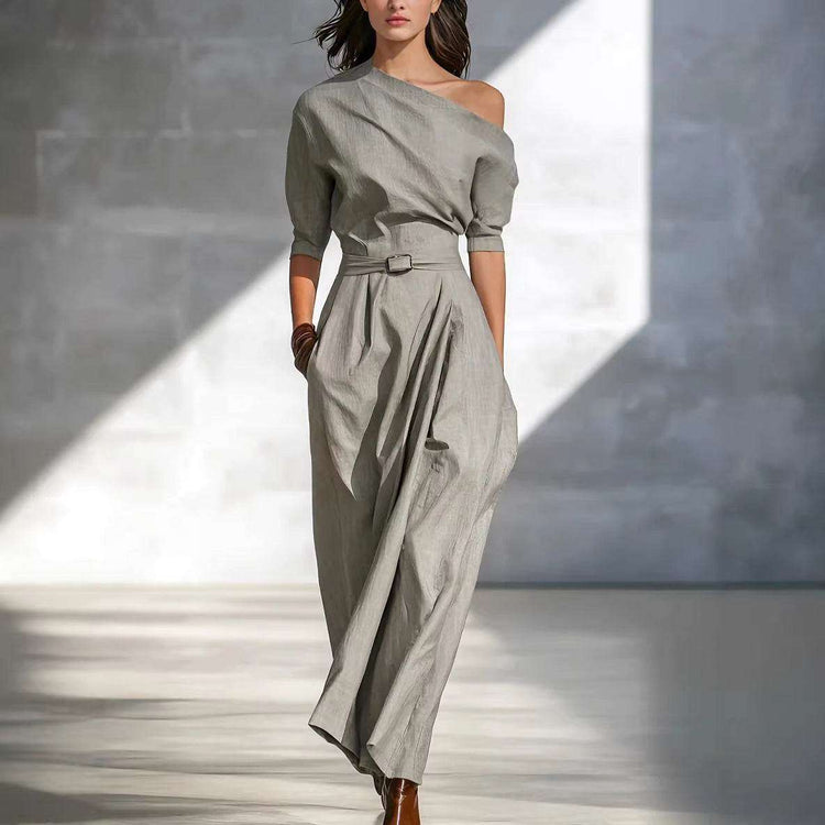 Damen Maxikleid Langarm Grau - Asymmetrisches One-Shoulder Kleid Lang Next Level