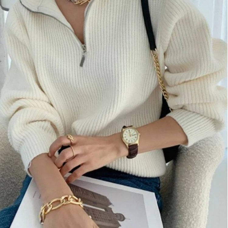 Cremefarbener Damen Strickpullover Oversize mit Reißverschluss und Langarm, bequemer Wollpullover im koreanischen Stil
