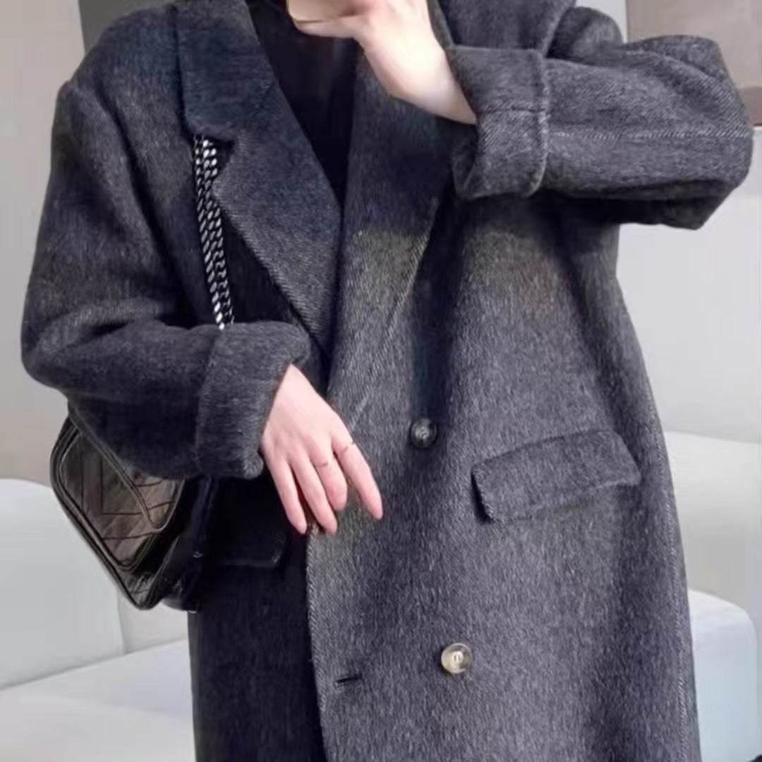 Eleganter handgenähter Doppelgesicht Wollmantel lang mit Drop-Shoulder in vier Farben