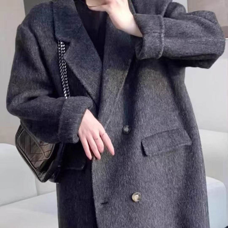 Eleganter handgenähter Doppelgesicht Wollmantel lang mit Drop-Shoulder in vier Farben