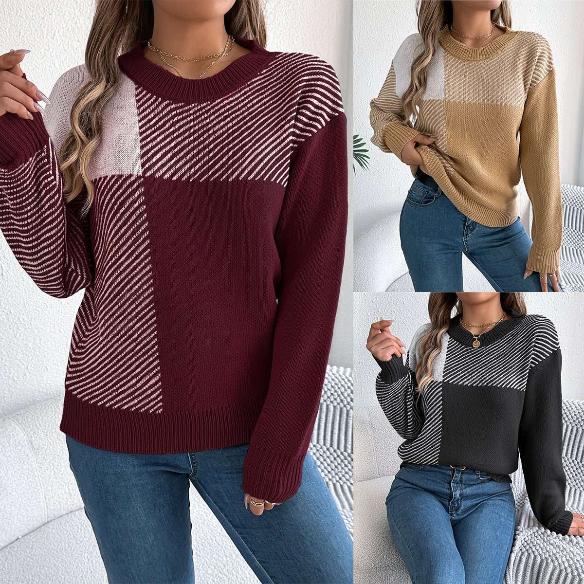 Karo-Pullover Damen mit Color-Block-Design - Kunstfell Langarm Streetwear Next Level