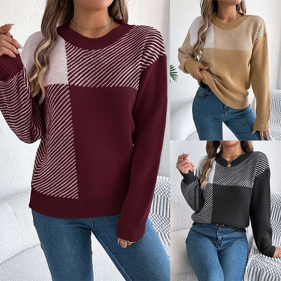 Karo-Pullover Damen mit Color-Block-Design - Kunstfell Langarm Streetwear Next Level