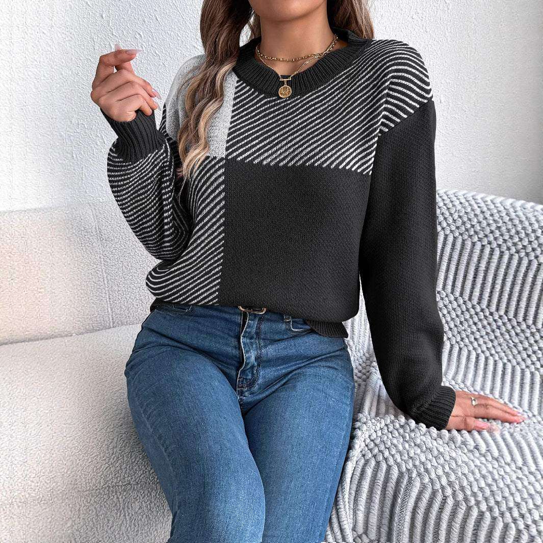 Karo-Pullover Damen mit Color-Block-Design - Kunstfell Langarm Streetwear Next Level