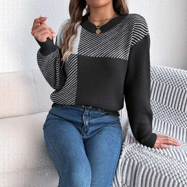 Karo-Pullover Damen mit Color-Block-Design - Kunstfell Langarm Streetwear Next Level