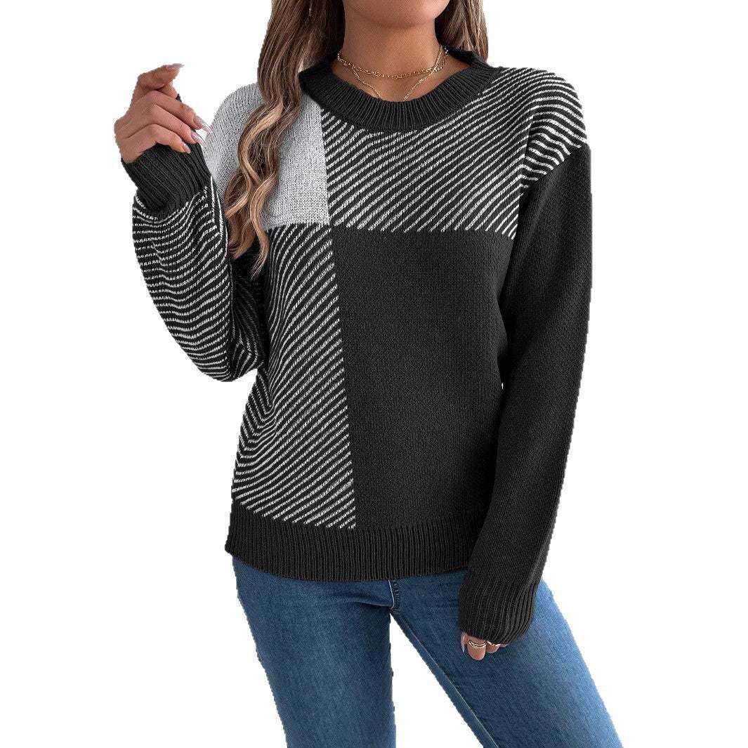 Karo-Pullover Damen mit Color-Block-Design - Kunstfell Langarm Streetwear Next Level