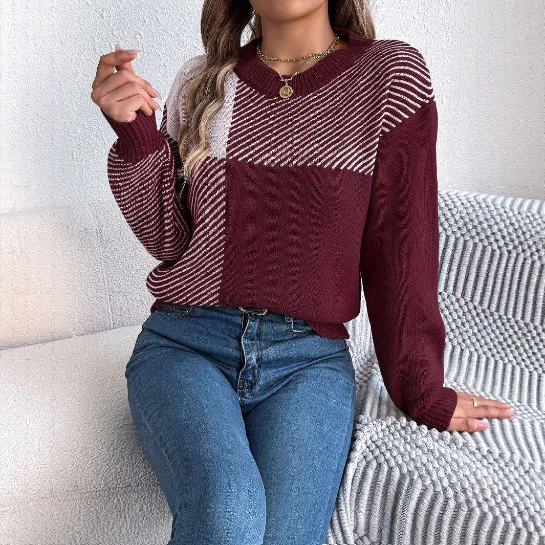 Karo-Pullover Damen mit Color-Block-Design - Kunstfell Langarm Streetwear Next Level