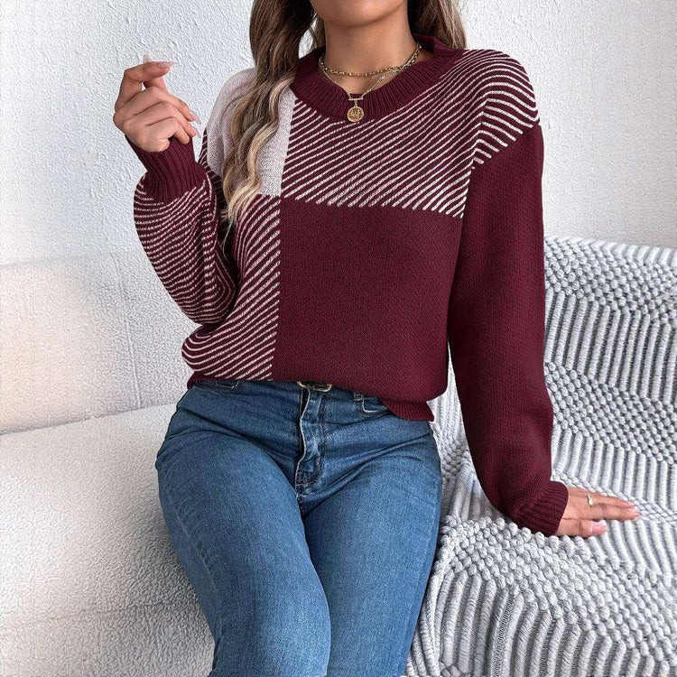 Karo-Pullover Damen mit Color-Block-Design - Kunstfell Langarm Streetwear Next Level