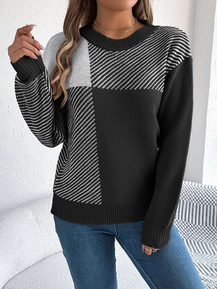 Karo-Pullover Damen mit Color-Block-Design - Kunstfell Langarm Streetwear Next Level