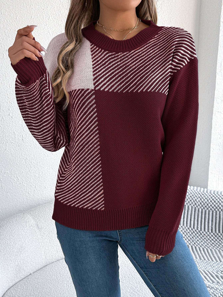 Karo-Pullover Damen mit Color-Block-Design - Kunstfell Langarm Streetwear Next Level