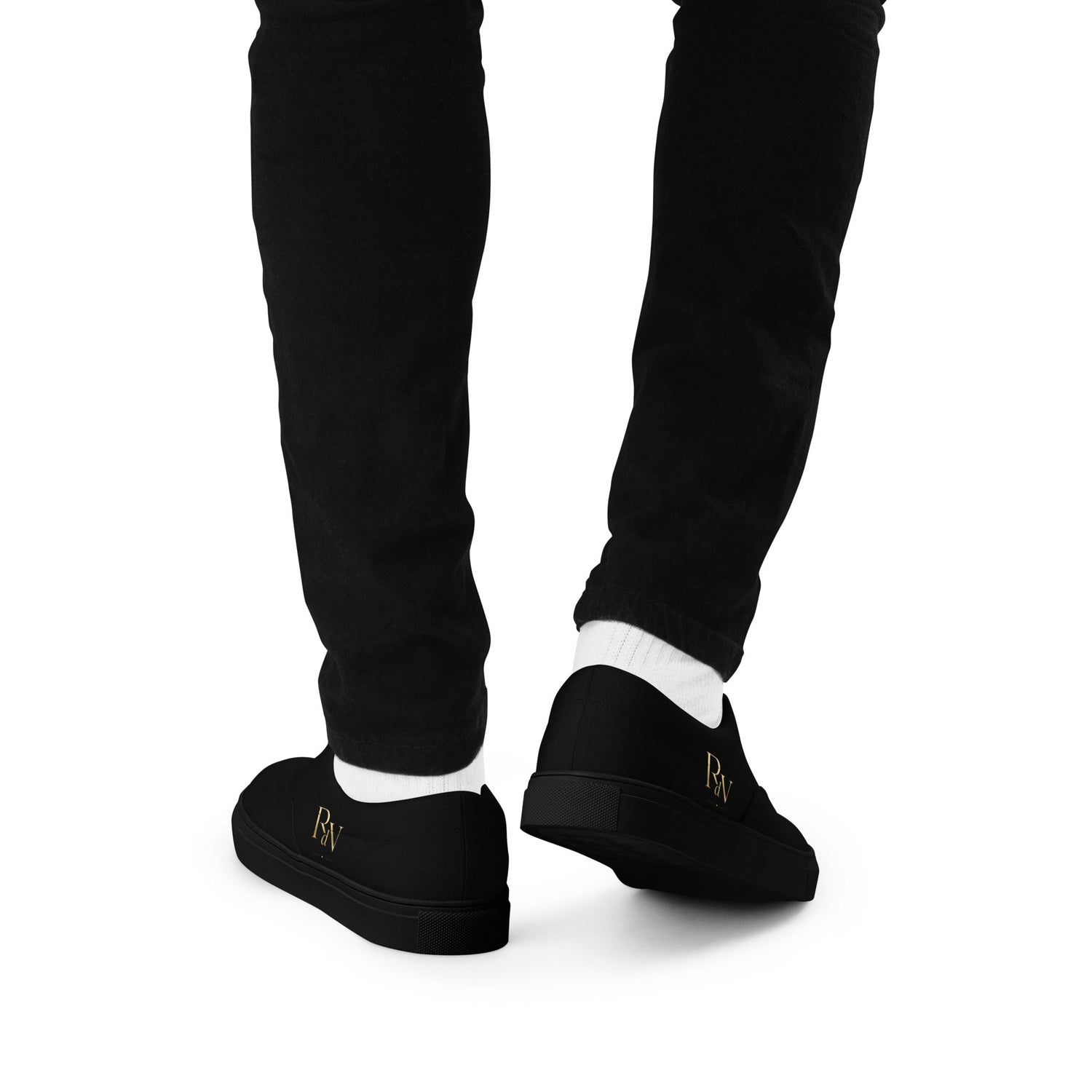 Schwarze Herren-Canvas-Schuhe von Robert de Valenmont mit Schnürverschluss, Blick auf die Rückseite.