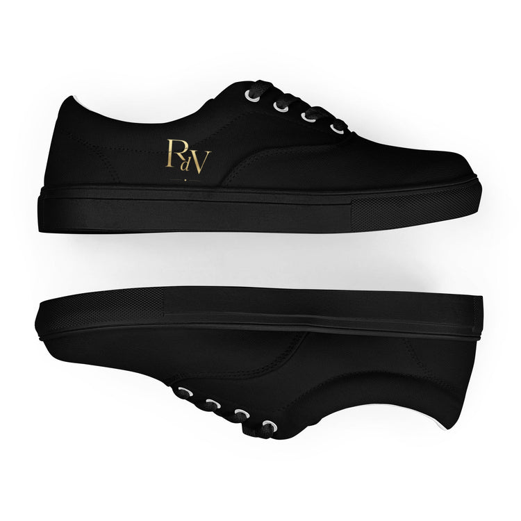 Schwarze Canvas Schuhe von Robert de Valenmont, Schnürschuhe für Herren, Nahaufnahme der Vorderseite.