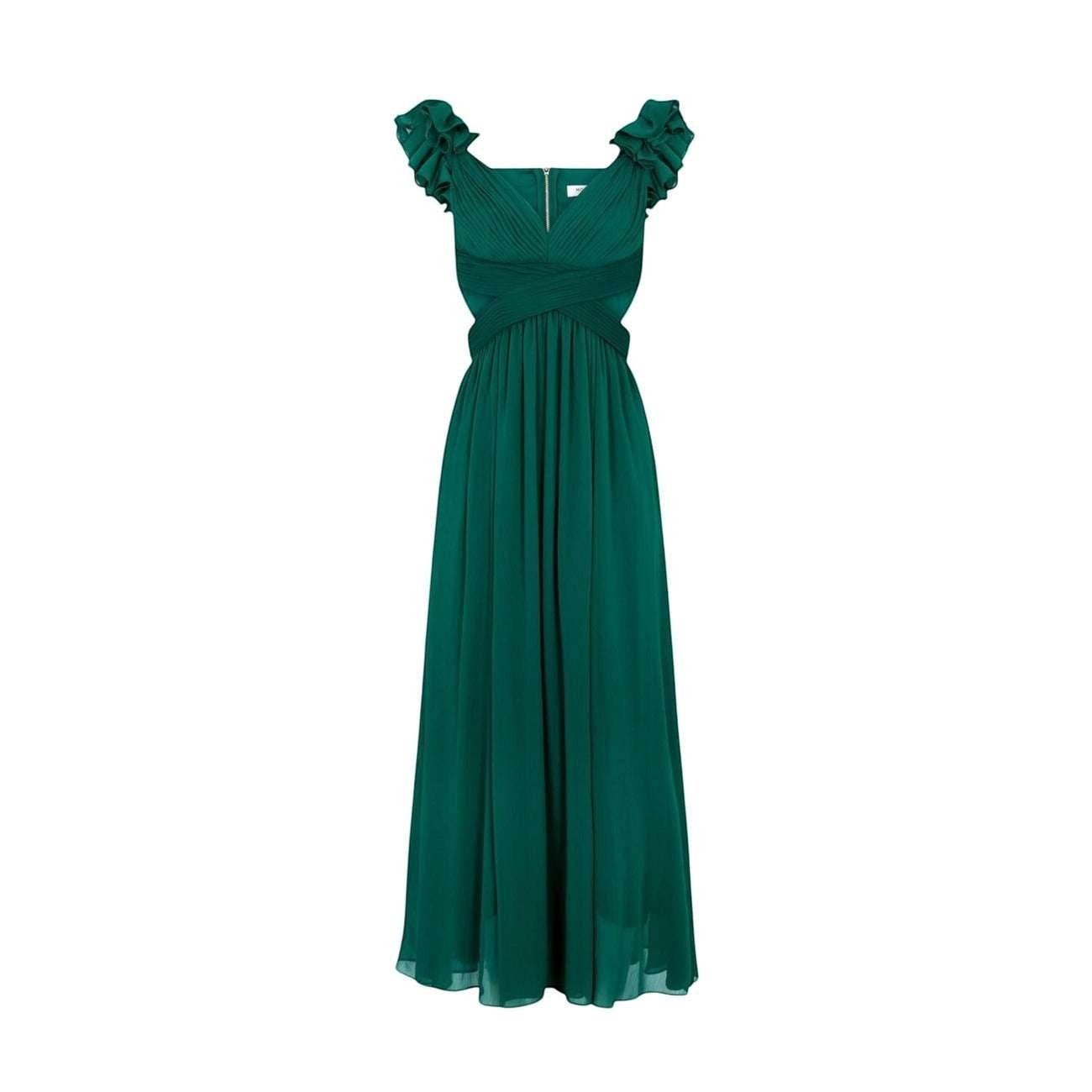 Next Level Morgan De Toi Damenkleid in Dunkelgrün mit Rüschenärmeln, gerafftem Oberteil und fließendem Rock
